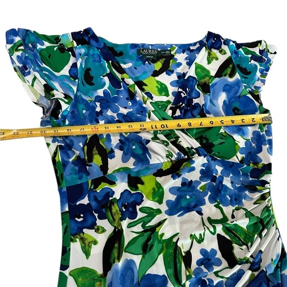 Lauren Ralph Lauren Cannes Blue Floral Flutter Sleeve Matte Jersey Dress Sz 14W - Picture 7 of 17
